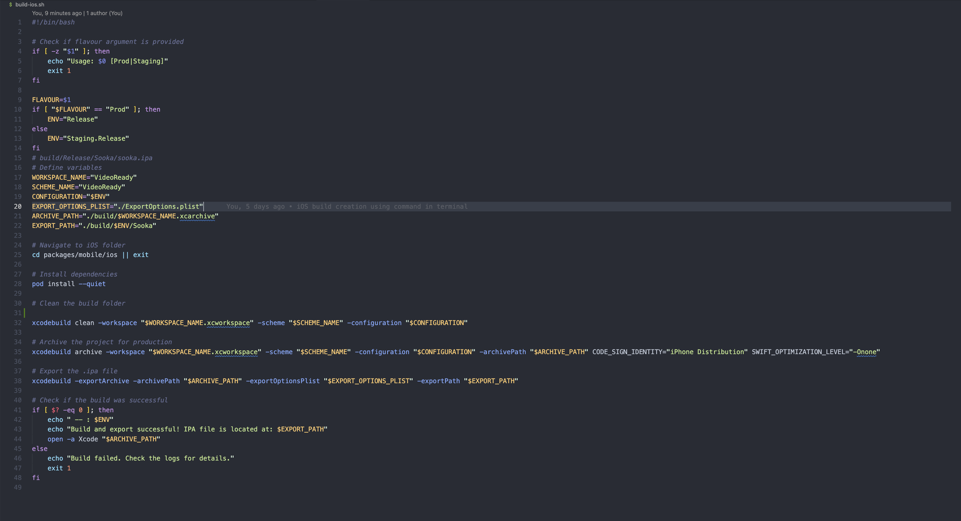 Script for creating iOS build when we use command to create build.